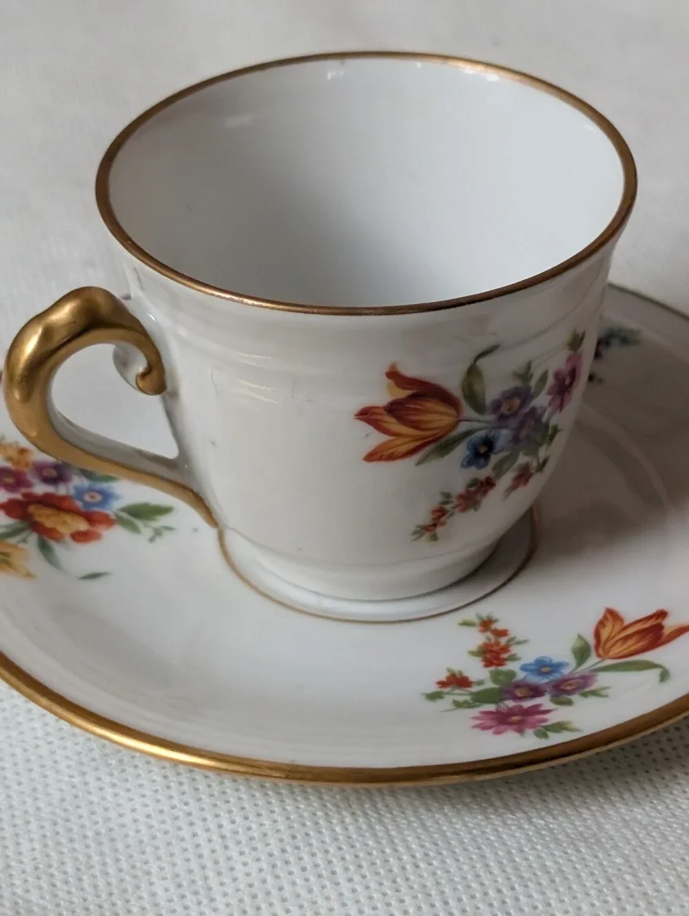 Antique Limoges France Teacup Saucer Set Flambeau GDA Dresden Floral Gold Gilt